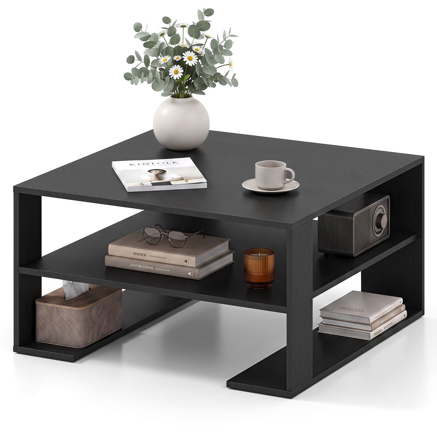 Wooden Square Coffee Table with Storage and Open Shelf for Living Room