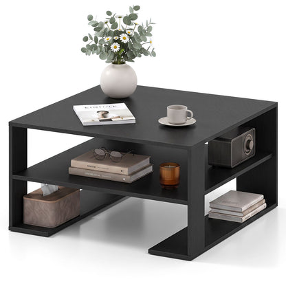 Wooden Square Coffee Table with Storage and Open Shelf for Living Room