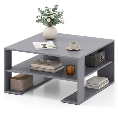 Wooden Square Coffee Table with Storage and Open Shelf for Living Room