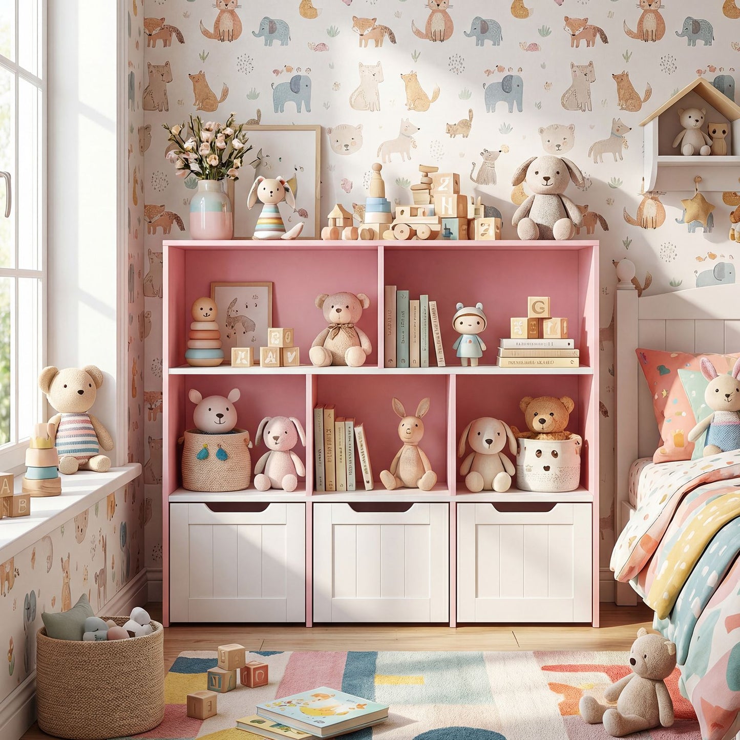 Wooden Toy Storage Organizer Kids Bookshelf with 5 Open Cubes and 3 Movable Drawers