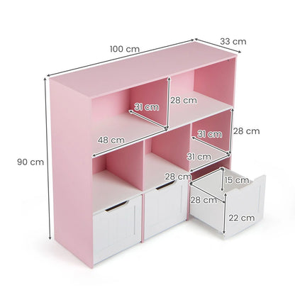 Wooden Toy Storage Organizer Kids Bookshelf with 5 Open Cubes and 3 Movable Drawers