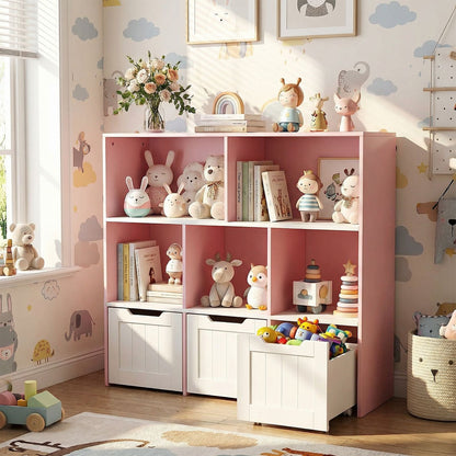 Wooden Toy Storage Organizer Kids Bookshelf with 5 Open Cubes and 3 Movable Drawers