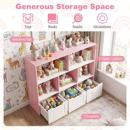 Wooden Toy Storage Organizer Kids Bookshelf with 5 Open Cubes and 3 Movable Drawers