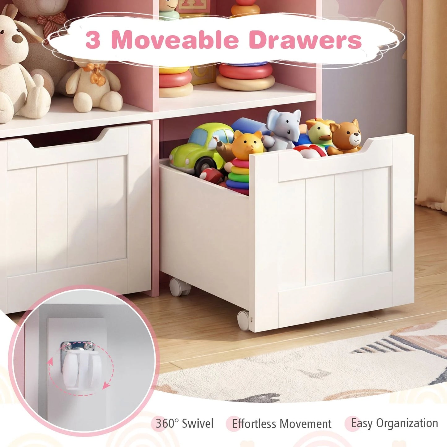 Wooden Toy Storage Organizer Kids Bookshelf with 5 Open Cubes and 3 Movable Drawers