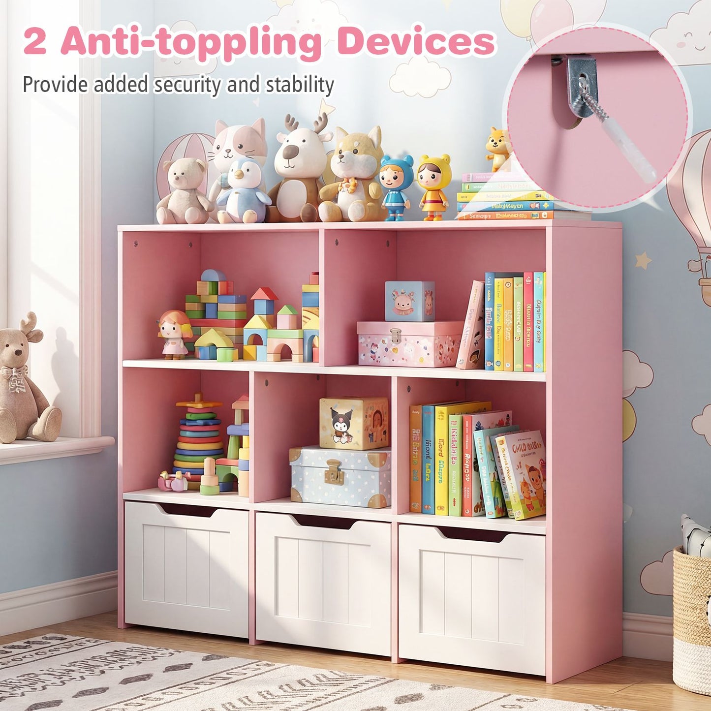 Wooden Toy Storage Organizer Kids Bookshelf with 5 Open Cubes and 3 Movable Drawers