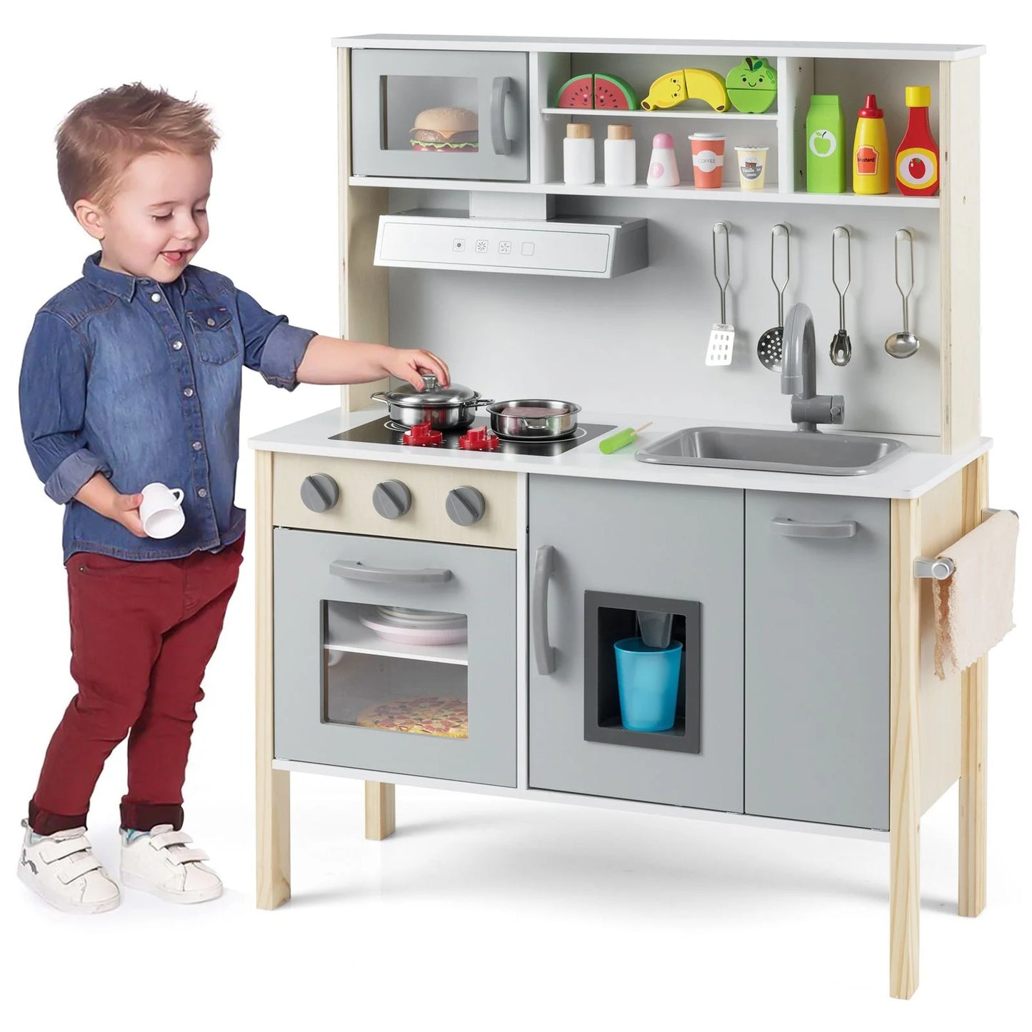 Wooden Kids Play Kitchen Set with Microwave Stoves Oven