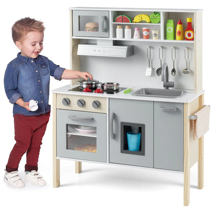 Wooden Kids Play Kitchen Set with Microwave Stoves Oven