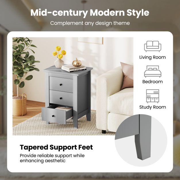 Wooden Nightstand with 3 Drawers and Stable Structure