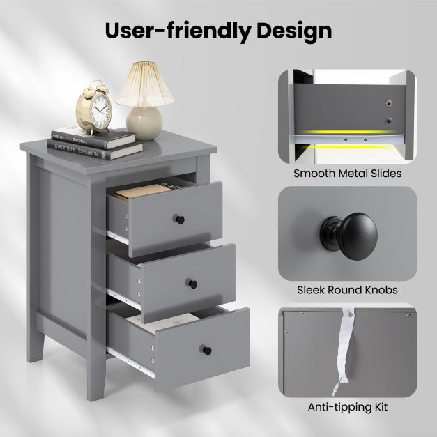 Wooden Nightstand with 3 Drawers and Stable Structure