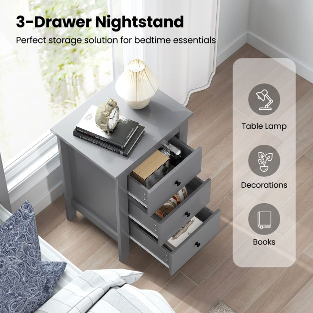 Wooden Nightstand with 3 Drawers and Stable Structure