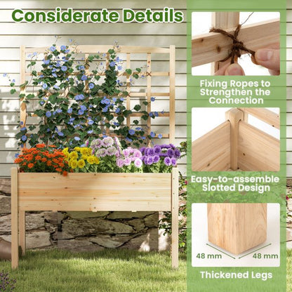 Wooden Raised Garden Bed with Lattice Trellis and Drainage Holes