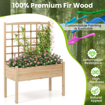 Wooden Raised Garden Bed with Lattice Trellis and Drainage Holes