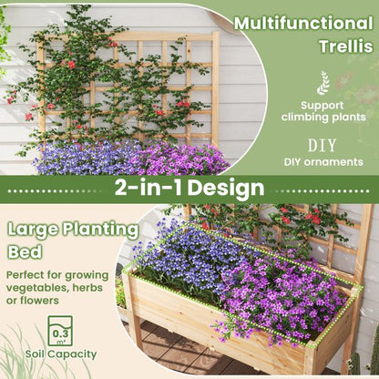 Wooden Raised Garden Bed with Lattice Trellis and Drainage Holes