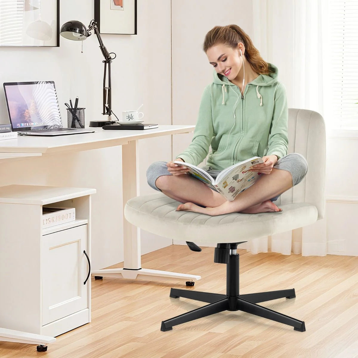 Armless Cross Legged Desk Chair with Wide Seat