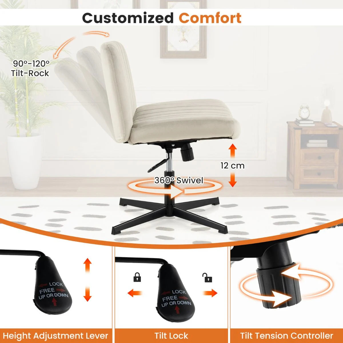 Armless Cross Legged Desk Chair with Wide Seat