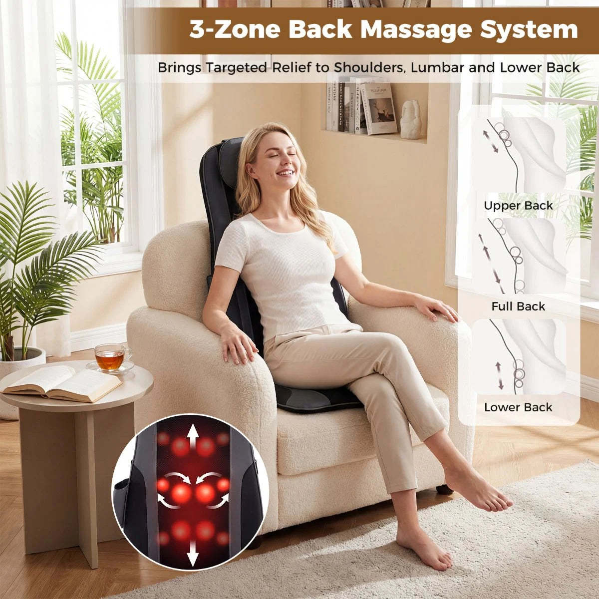 Back Massager with Heat Shiatsu Massage Chair Pad with 4 Kneading Rolling Nodes and 2 Vibrating Motors
