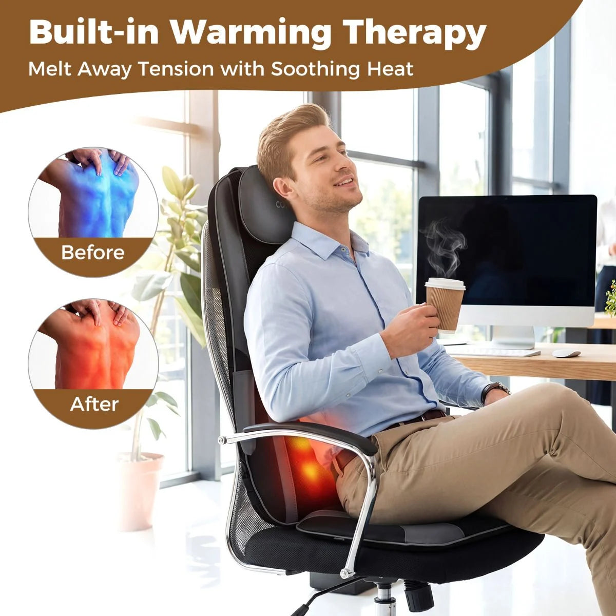 Back Massager with Heat Shiatsu Massage Chair Pad with 4 Kneading Rolling Nodes and 2 Vibrating Motors