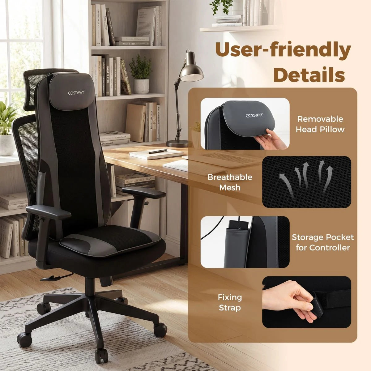 Back Massager with Heat Shiatsu Massage Chair Pad with 4 Kneading Rolling Nodes and 2 Vibrating Motors