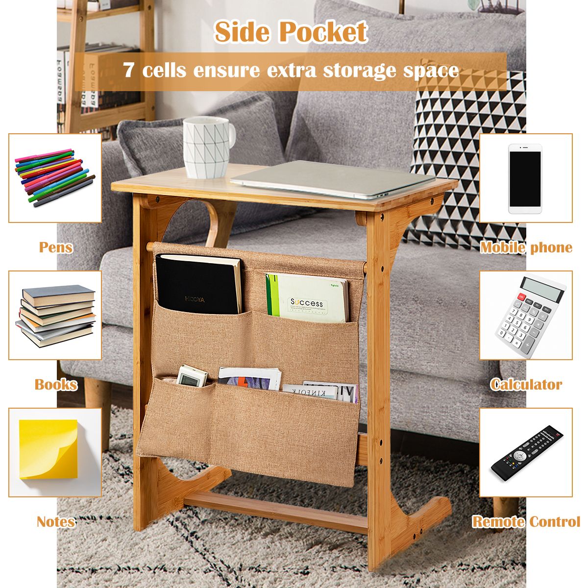 Bamboo Side Table C-Shaped Sofa End Table Laptop Desk