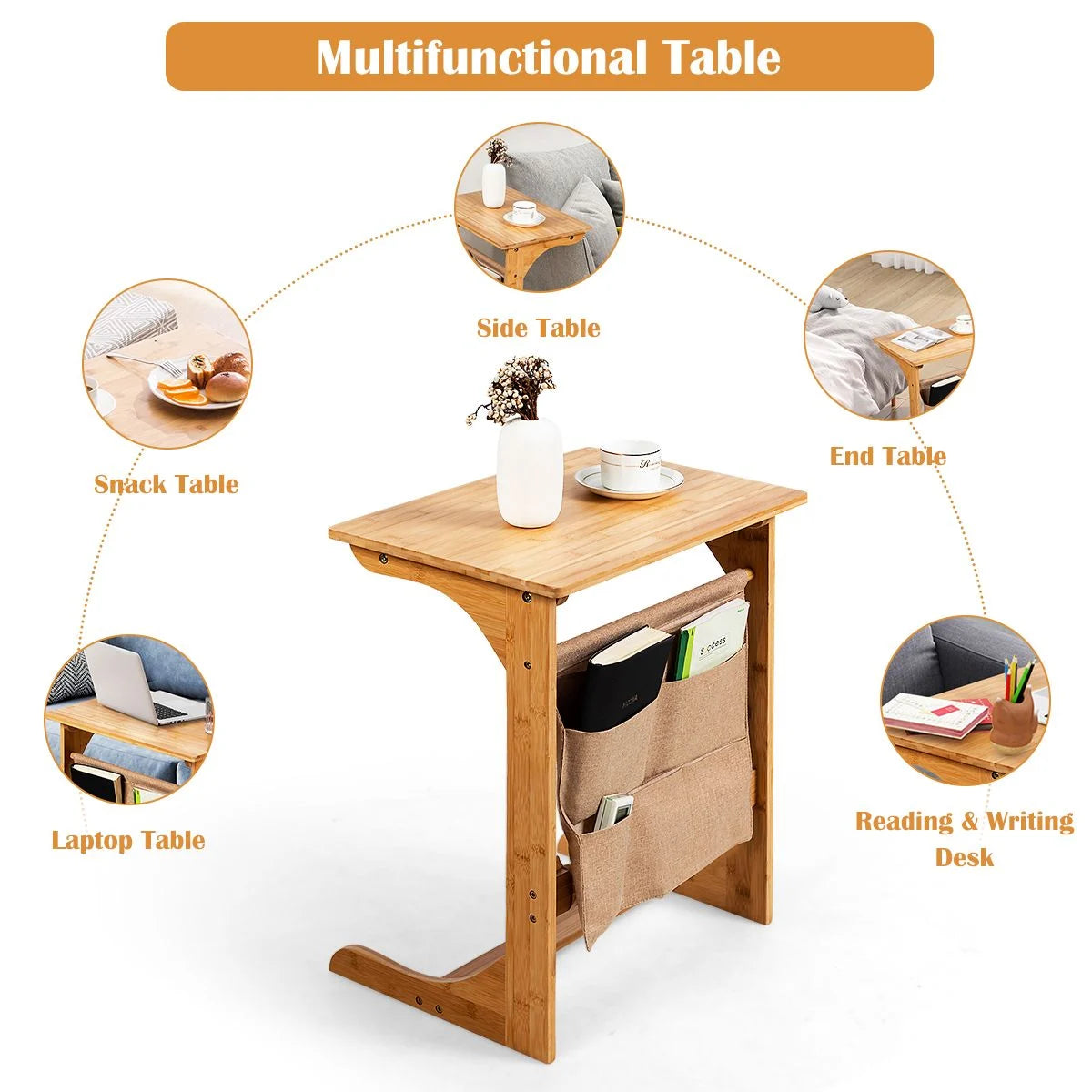 Bamboo Side Table C-Shaped Sofa End Table Laptop Desk
