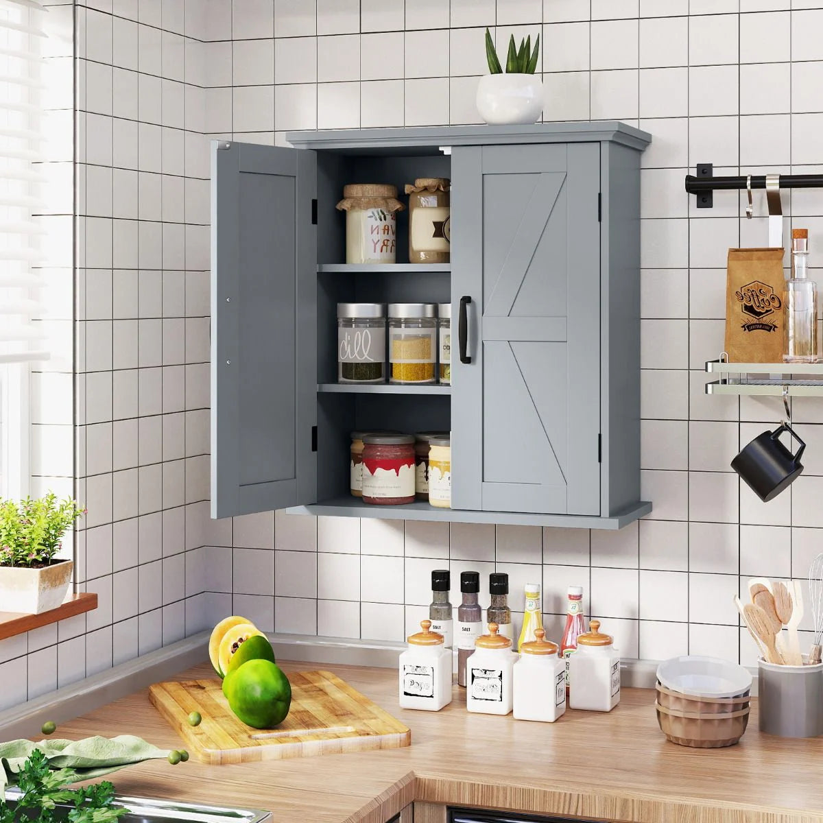 Bathroom Wall Cabinet with 2 Doors and Adjustable Shelves