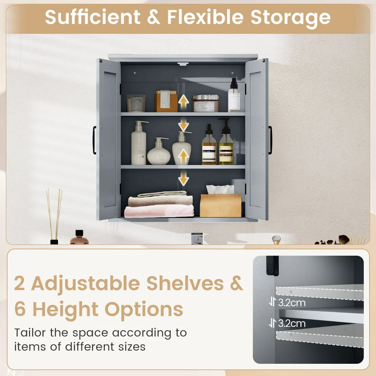 Bathroom Wall Cabinet with 2 Doors and Adjustable Shelves