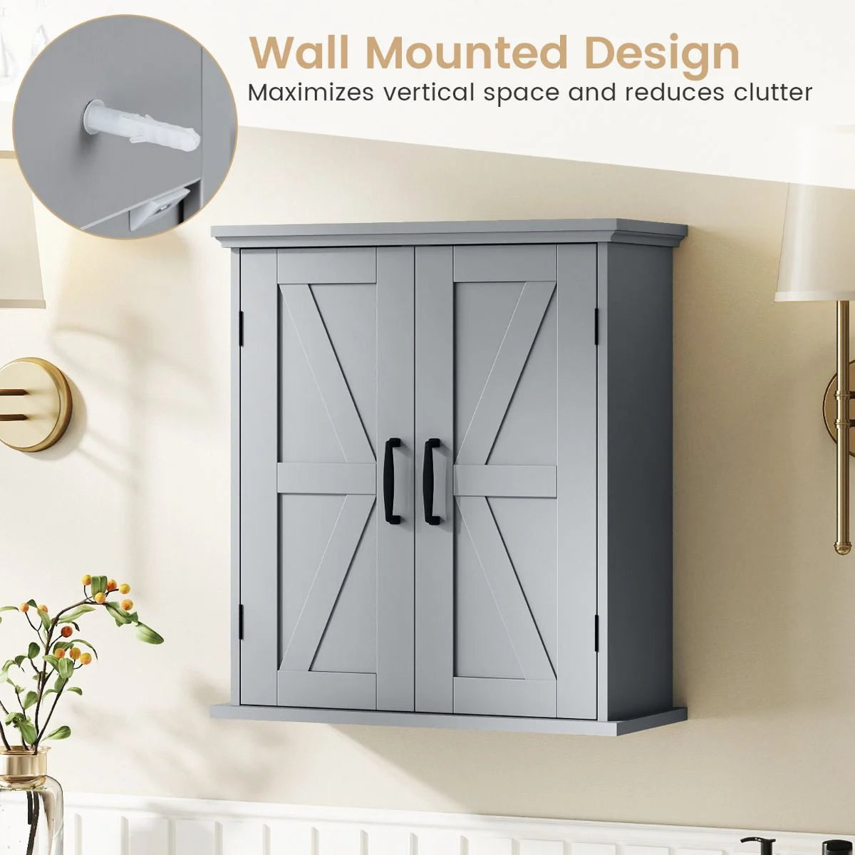 Bathroom Wall Cabinet with 2 Doors and Adjustable Shelves