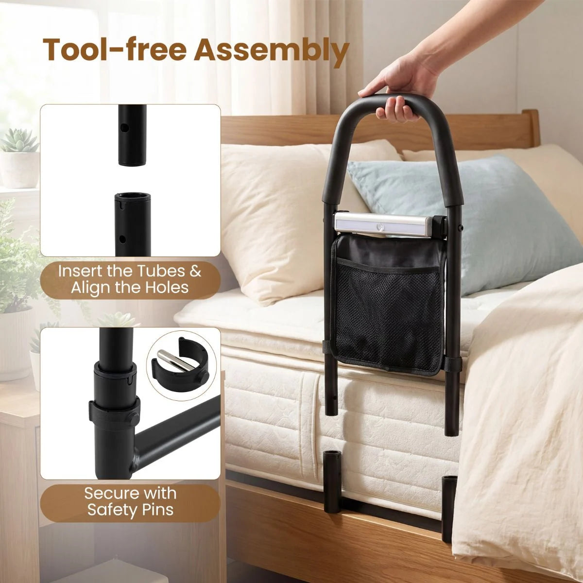 Bed Rails with Motion Sensor Light and Storage Pocket for Elderly Adults