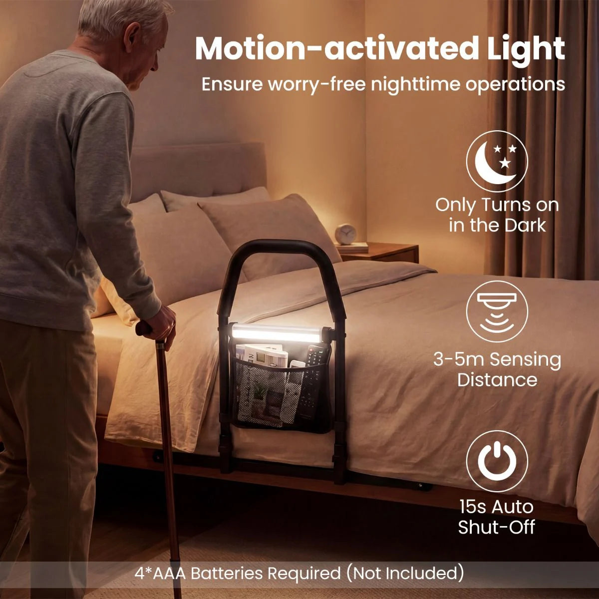Bed Rails with Motion Sensor Light and Storage Pocket for Elderly Adults