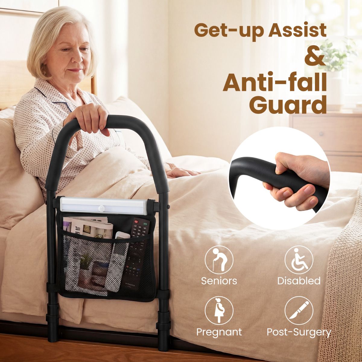 Bed Rails with Motion Sensor Light and Storage Pocket for Elderly Adults