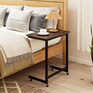 C-shaped End Table with Wheels Mobile Bedside Table with Built-in Phone Slot