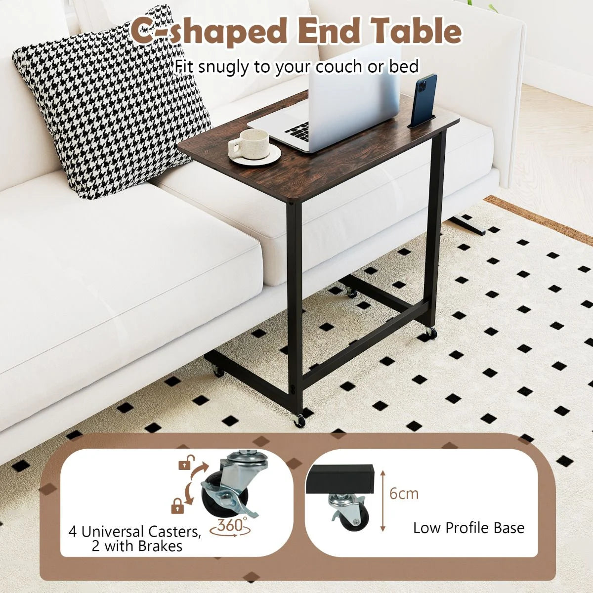 C-shaped End Table with Wheels Mobile Bedside Table with Built-in Phone Slot