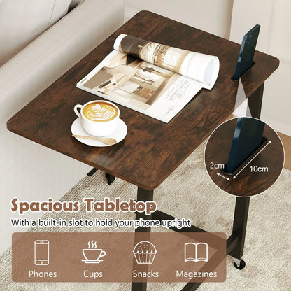 C-shaped End Table with Wheels Mobile Bedside Table with Built-in Phone Slot