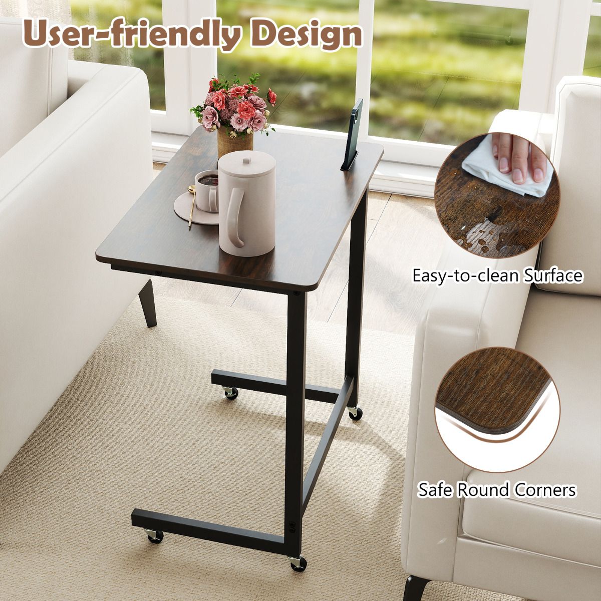 C-shaped End Table with Wheels Mobile Bedside Table with Built-in Phone Slot