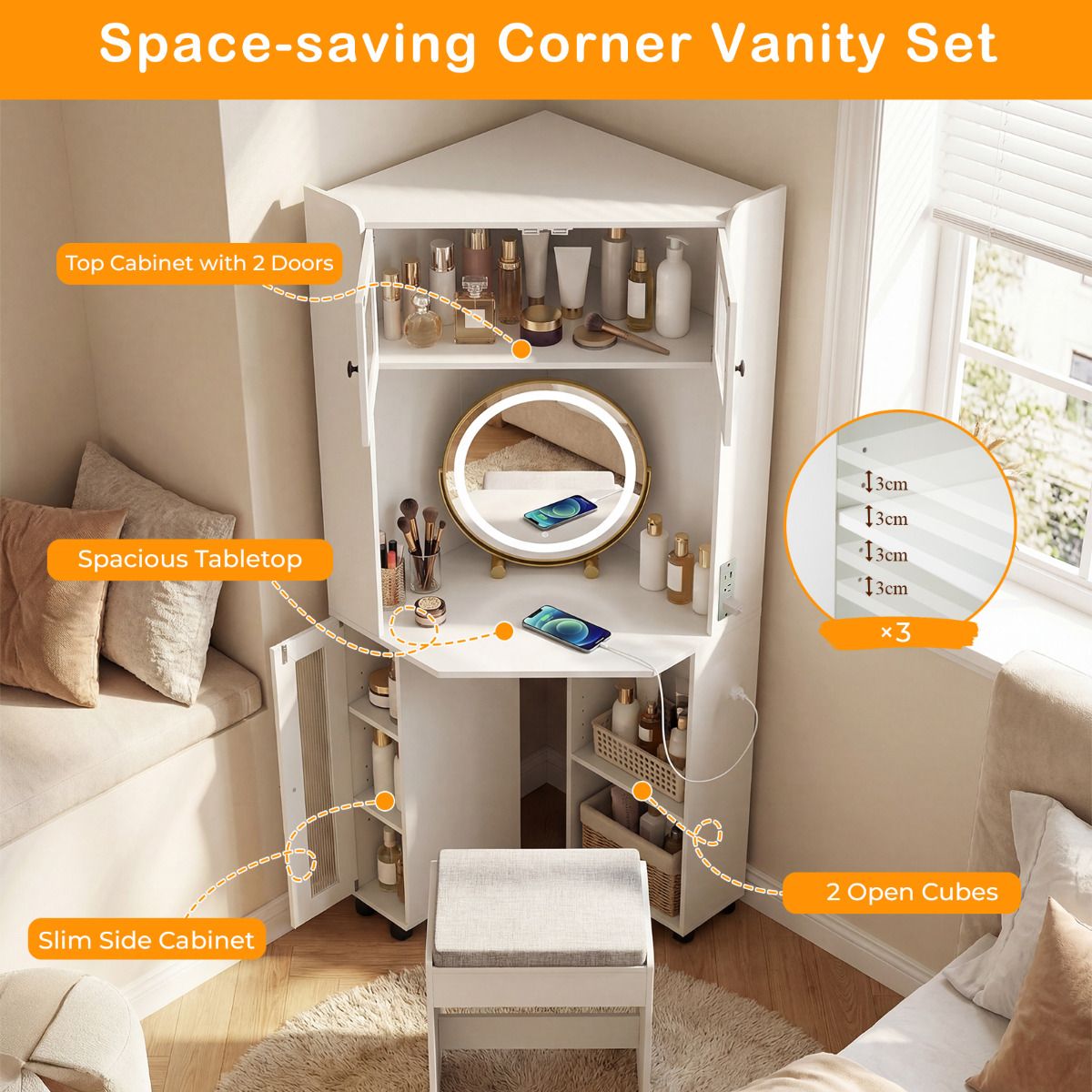 Corner Vanity Desk with Charging Station and Cushioned Stool