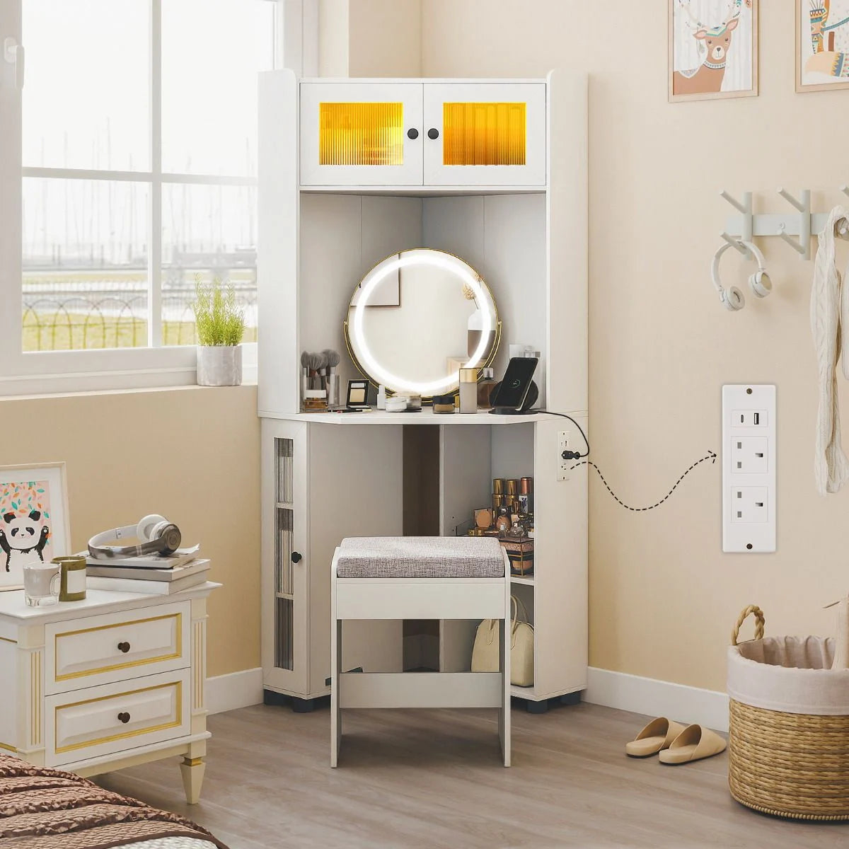 Corner Vanity Desk with Charging Station and Cushioned Stool