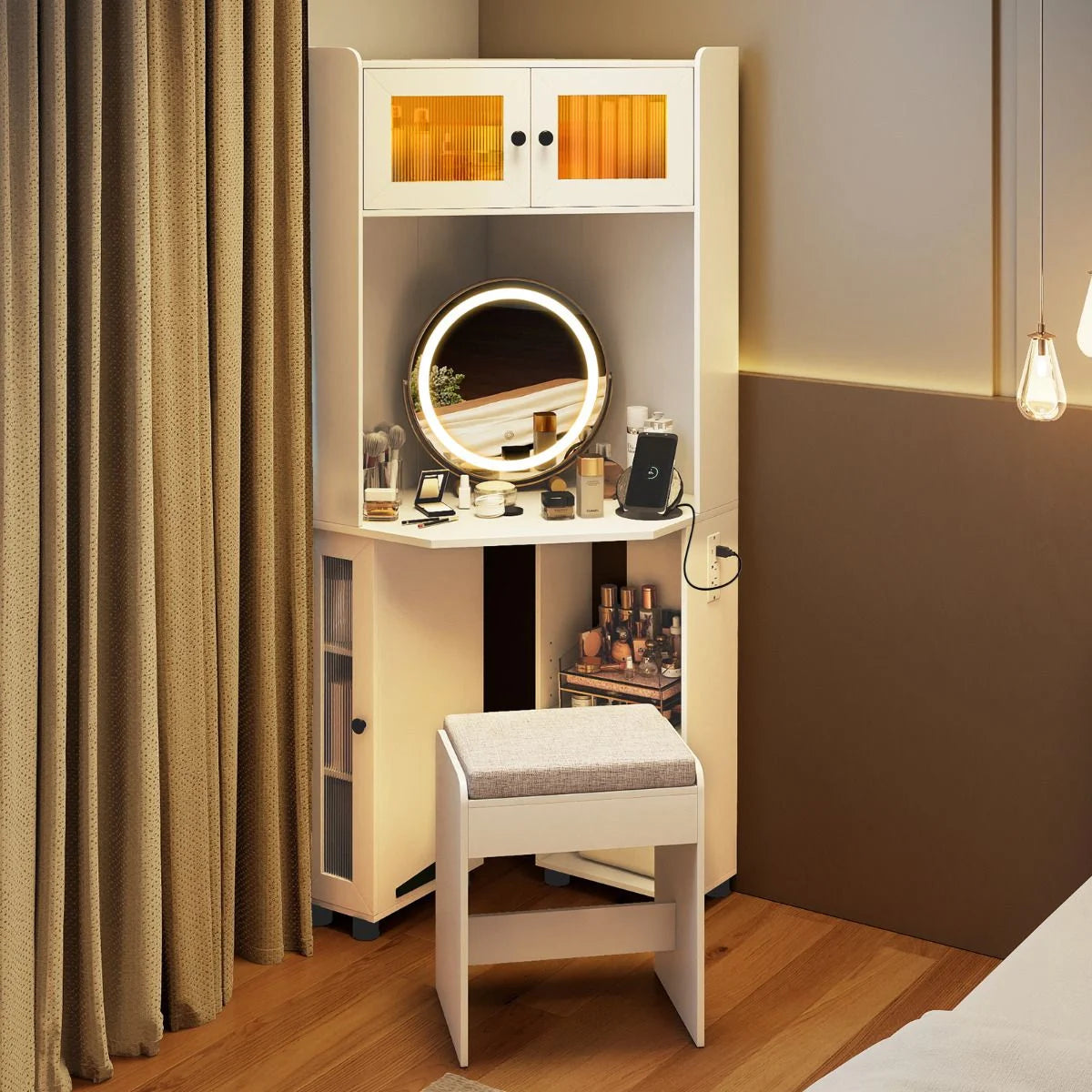 Corner Vanity Desk with Charging Station and Cushioned Stool