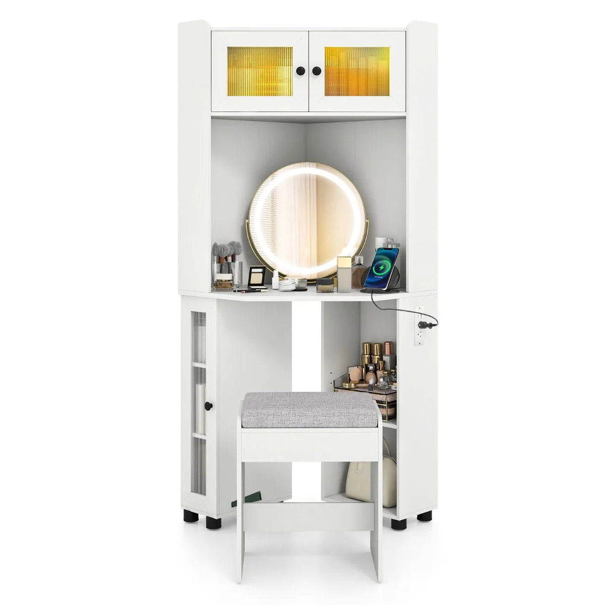 Corner Vanity Desk with Charging Station and Cushioned Stool