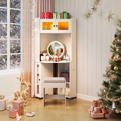 Corner Vanity Desk with Charging Station and Cushioned Stool