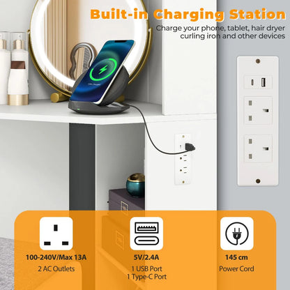 Corner Vanity Desk with Charging Station and Cushioned Stool