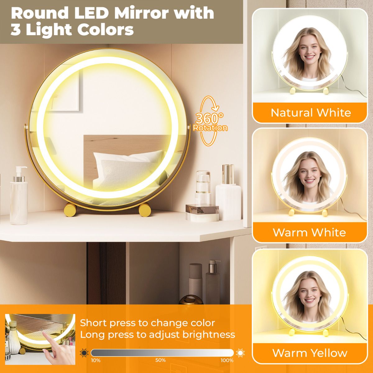 Corner Vanity Desk with Charging Station and Cushioned Stool