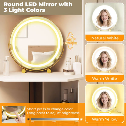 Corner Vanity Desk with Charging Station and Cushioned Stool