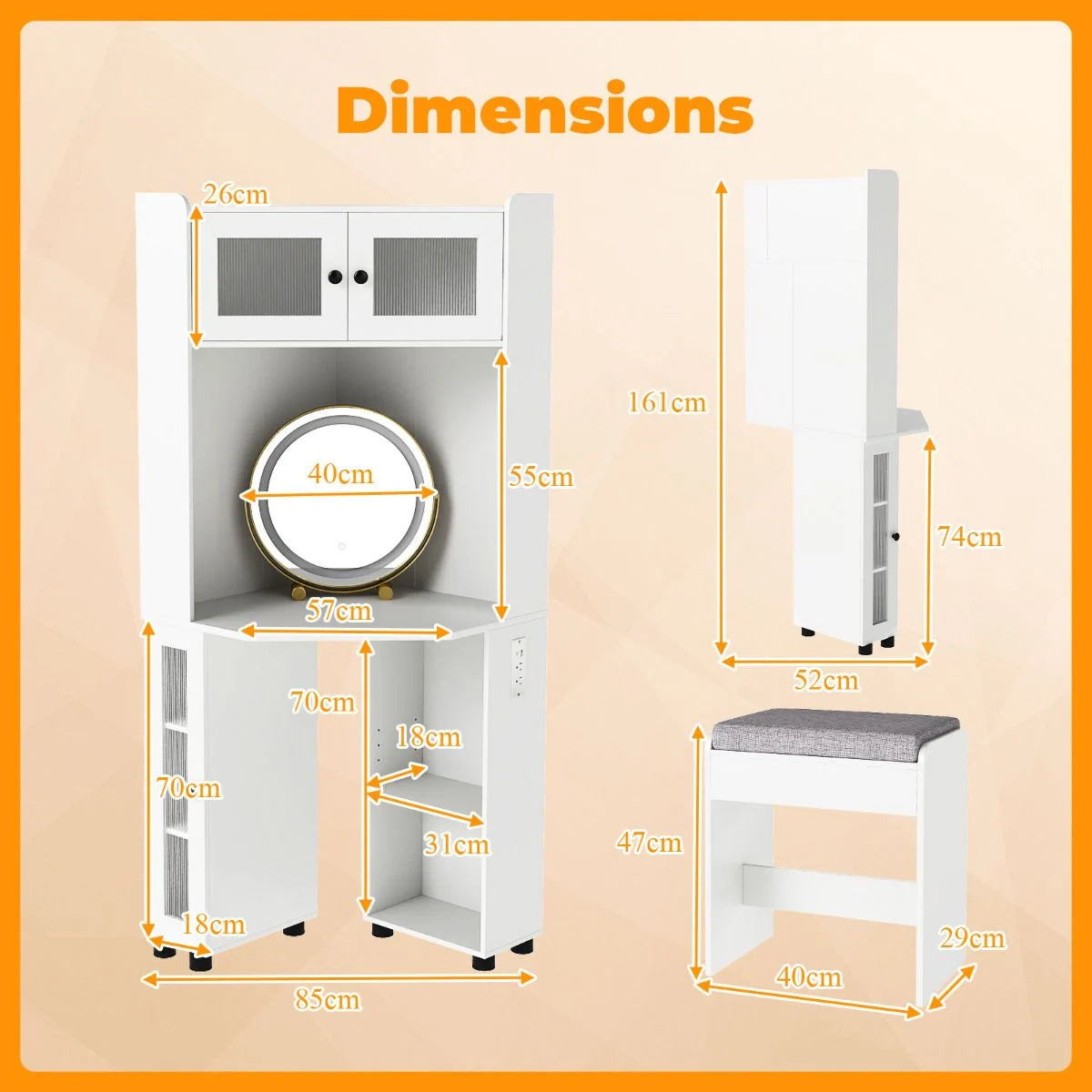 Corner Vanity Desk with Charging Station and Cushioned Stool