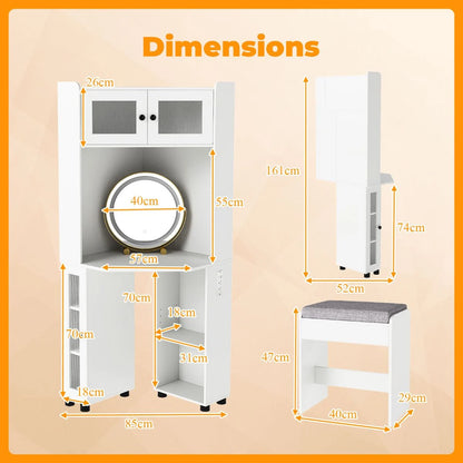 Corner Vanity Desk with Charging Station and Cushioned Stool