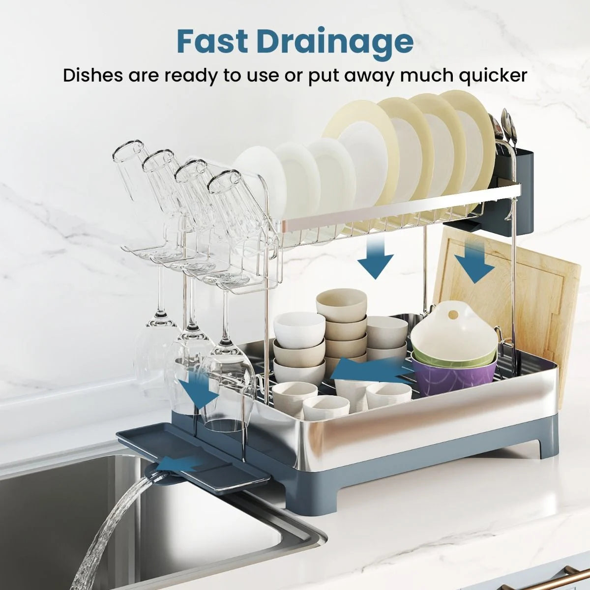 2-Tier Dish Drying Rack with Stemware and Cutlery Holder