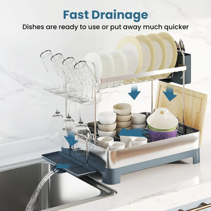 2-Tier Dish Drying Rack with Stemware and Cutlery Holder