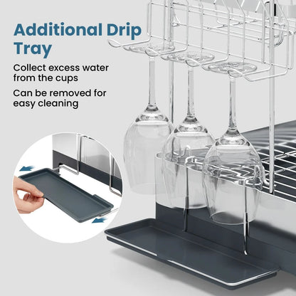 2-Tier Dish Drying Rack with Stemware and Cutlery Holder