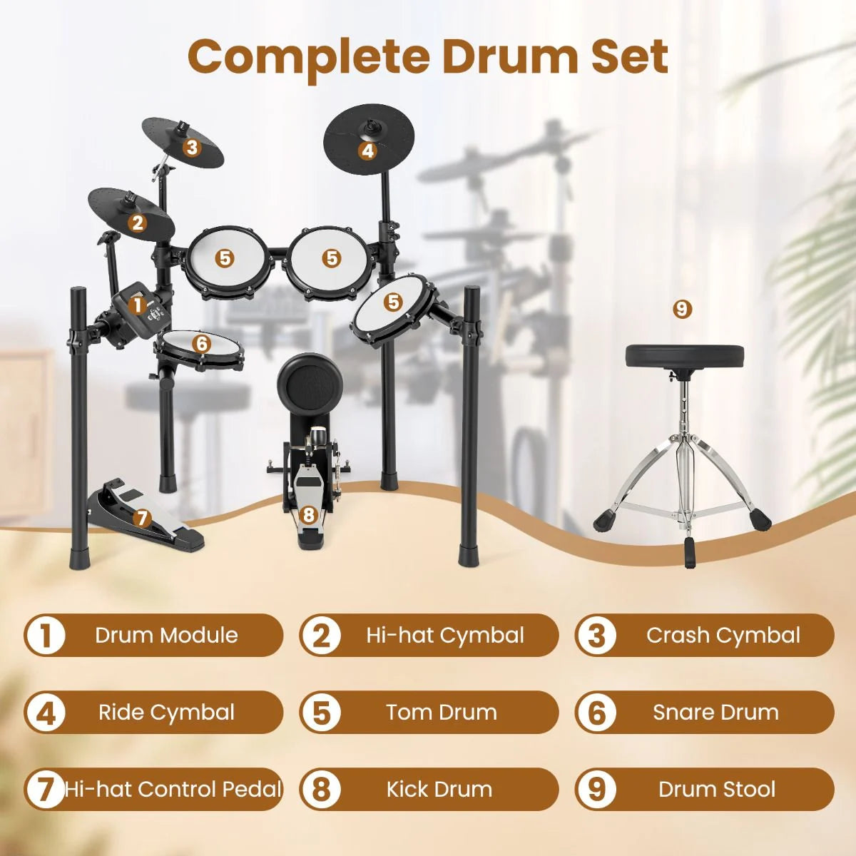 Electric Drum Set Foldable Drum Kit with 21 CM Mesh Drum Pads