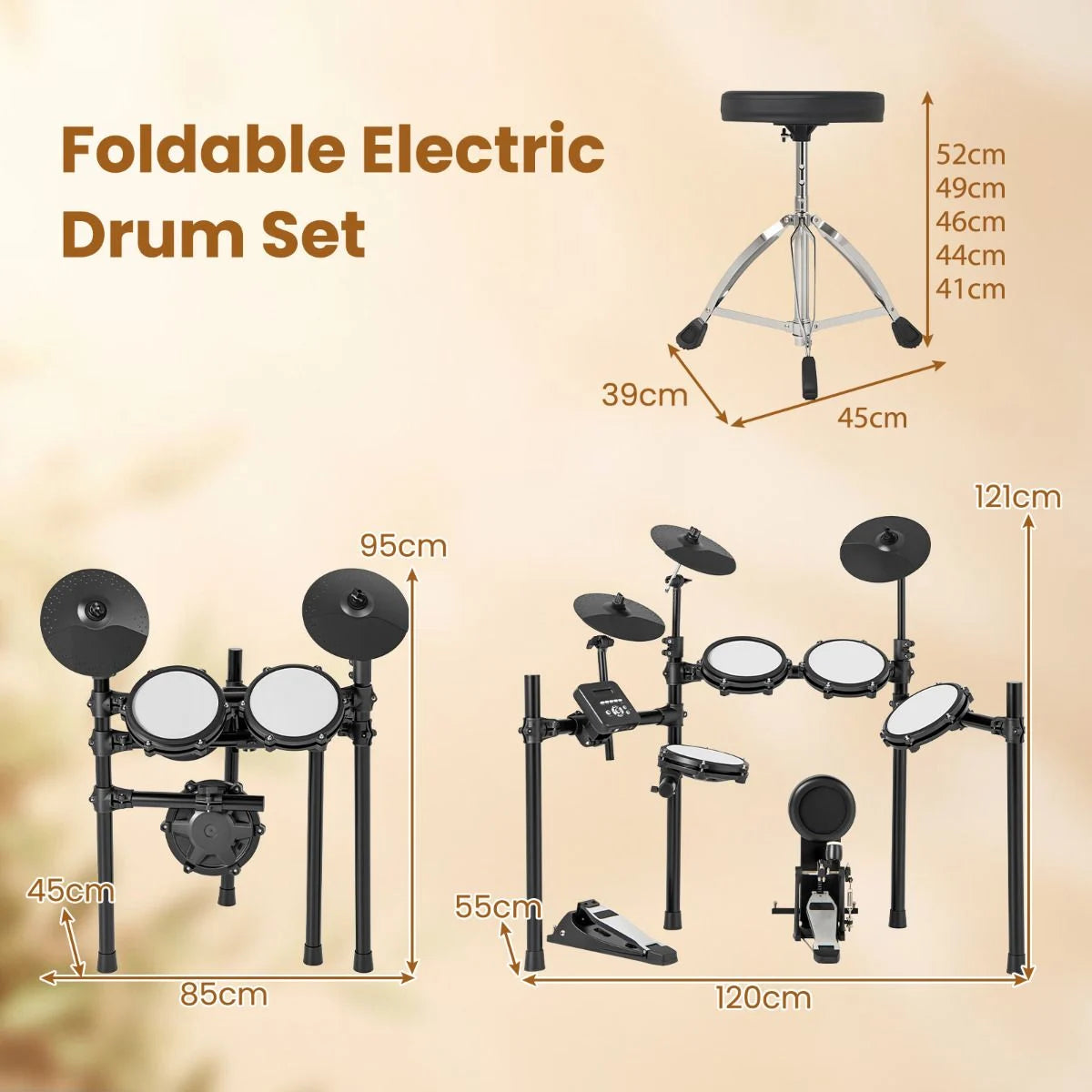 Electric Drum Set Foldable Drum Kit with 21 CM Mesh Drum Pads