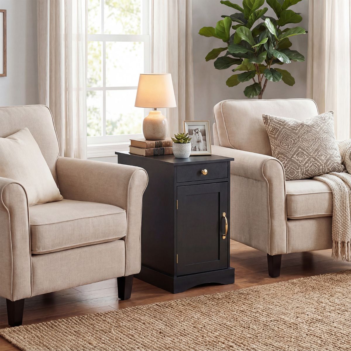 End Table Narrow Nightstand Bedside Table with Charging Station